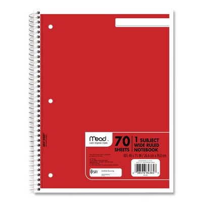 Spiral Notebook, 1-subject, Wide/legal Rule, Randomly Assorted Cover Color, (70) 8 X 10.5 Sheets, 4/pack