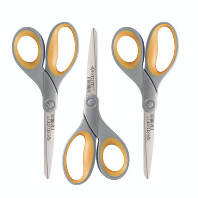Titanium Bonded Scissors, 8" Long, 3.5" Cut Length, Straight Gray/yellow Handle, 3/pack Titanium Bonded Scissors, 8" Long, 3.5" Cut Length, Straight Gray/yellow Handle, 3/pack