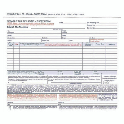 Bill Of Lading - Short Form For Up To Ten Articles, Three-part Carbonless, 8.5 X 6.94, 250 Forms Total Bill Of Lading - Short Form For Up To Ten Articles, Three-part Carbonless, 8.5 X 6.94, 250 Forms Total