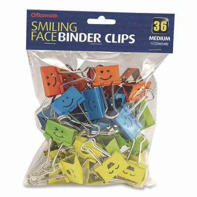 Smiling Face Binder Clips, Medium, Assorted Colors, 36/pack