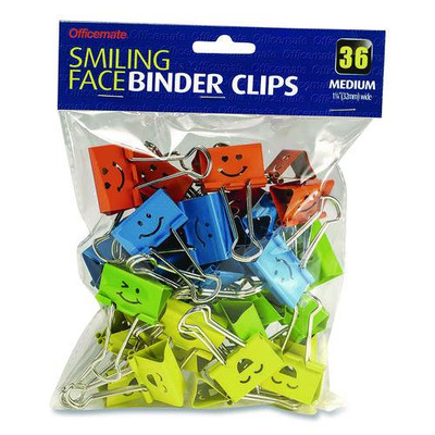 Smiling Face Binder Clips, Medium, Assorted Colors, 36/pack