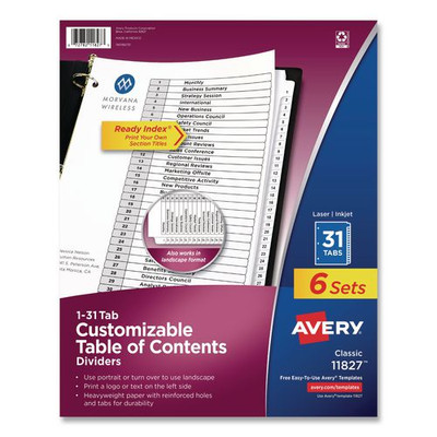 Customizable Table Of Contents Ready Index Black And White Dividers, 31-tab, 1 To 31, 11 X 8.5, White, 6 Sets