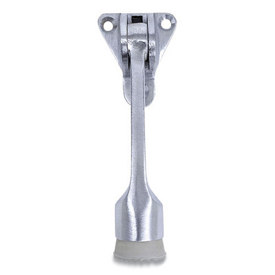 Hinged Kick-down Door Stop With Triangular Three-point Mounting Plate, 1" Wide Door Mount, 4.18 Long Stopper, Satin Chrome Hinged Kick-down Door Stop With Triangular Three-point Mounting Plate, 1" Wide Door Mount, 4.18 Long Stopper, Satin Chrome