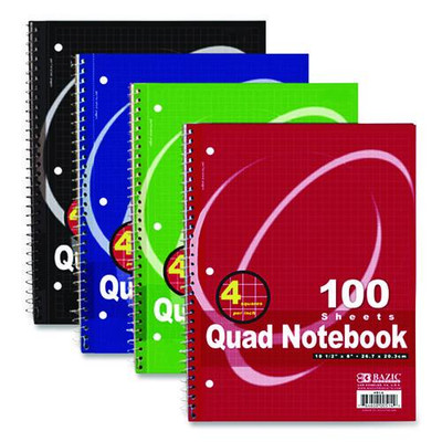 Spiral Notebook, Quadrille Rule (4 Sq/in), Randomly Assorted Cover Color, (100) 10.5 X 8 Sheets