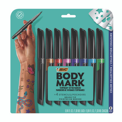 Bodymark Temporary Tattoo Markers, Fine Brush Tip, Assorted Colors, 8/pack