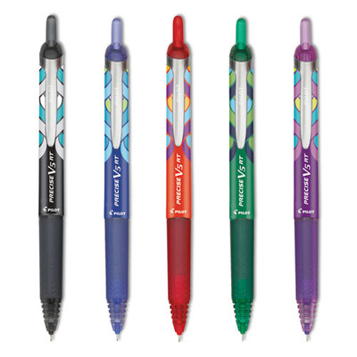 Precise V5rt Deco Peacock Pattern Rollerball Pen, Retractable, Extra-fine 0.5 Mm, Assorted Ink And Barrel Colors, 5/pack