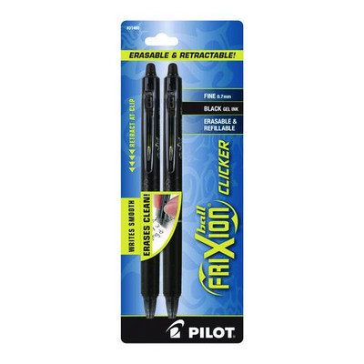 Frixion Ball Clicker Erasable Gel Pen, Retractable, Fine 0.7 Mm, Black Ink, Black Barrel, 2/pack