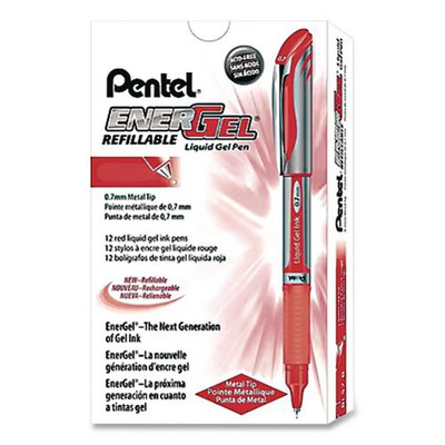Energel Deluxe Gel Pen, Stick, Medium 0.7 Mm, Red Ink, Silver/red Barrel, Dozen
