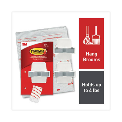Broom Gripper, 3.12w X 1.85d X 3.34h, White/gray, 3 Grippers/6 Strips Broom Gripper, 3.12w X 1.85d X 3.34h, White/gray, 3 Grippers/6 Strips