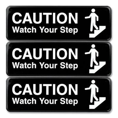 Caution Watch Your Step Indoor/outdoor Wall Sign, 9" X 3", Black Face, White Graphics, 3/pack Caution Watch Your Step Indoor/outdoor Wall Sign, 9" X 3", Black Face, White Graphics, 3/pack