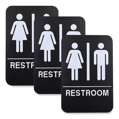 Indoor/outdoor Restroom With Braille Text, 6" X 9", Black Face, White Graphics, 3/pack - VISEXOHD0275S Indoor/outdoor Restroom With Braille Text, 6" X 9", Black Face, White Graphics, 3/pack - VISEXOHD0275S