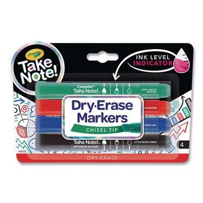 Take Note Dry Erase Markers, Chisel Tip, Assorted Colors, 4/set