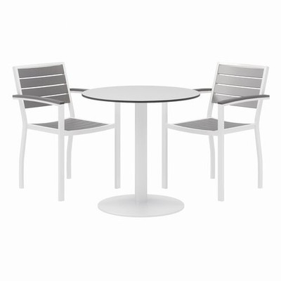 Eveleen Outdoor Patio Table With Two Gray Powder-coated Polymer Chairs, 30" Dia X 29h, Designer White