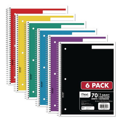 Spiral Notebook, 1 Subject, Wide/legal Rule, Assorted Covers, 10.5 X 8, 70 Sheets, 6/pack