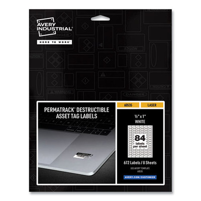 Permatrack Destructible Asset Tag Labels, Laser Printers, 0.5 X 1, White, 84/sheet, 8 Sheets/pack