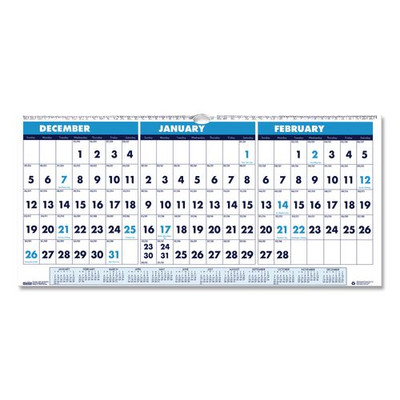 Recycled Three-month Horizontal Wall Calendar, 17 X 8, 14-month, 2021-2023