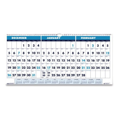 Recycled Three-month Format Wall Calendar, Horizontal Orientation, 23.5 X 12, White Sheets, 14-month (dec-jan): 2021-2023