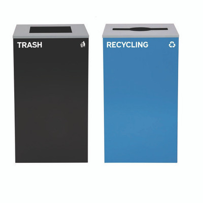 29 Gallon Trash/recycling Cans, Steel, Blue Recycling With Mixed Lid, Black Trash Can With Square Lid 29 Gallon Trash/recycling Cans, Steel, Blue Recycling With Mixed Lid, Black Trash Can With Square Lid