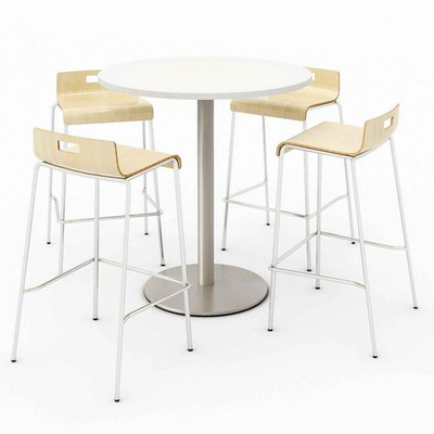Pedestal Bistro Table With Four Natural Jive Series Barstools, Round, 36" Dia X 41h, Designer White