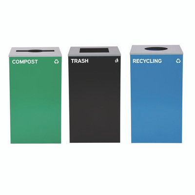 29 Gallon Trash/recycling Cans, Steel, Blue Recycling Can W/circle Lid, Green Compost W/mixed Lid, Black Trash W/square Lid