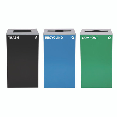 29 Gallon Trash/recycling Cans, Steel, Blue Recycling Can And Green Compost Can W/mixed Lids, Black Trash Can With Square Lid 29 Gallon Trash/recycling Cans, Steel, Blue Recycling Can And Green Compost Can W/mixed Lids, Black Trash Can With Square Lid