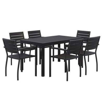 Eveleen Outdoor Patio Table With Six Black Powder-coated Polymer Chairs, 32 X 55 X 29, Black Eveleen Outdoor Patio Table With Six Black Powder-coated Polymer Chairs, 32 X 55 X 29, Black