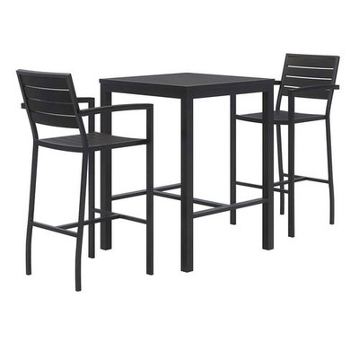 Eveleen Outdoor Bistro Patio Table With Two Black Powder-coated Polymer Barstools, 30" Square, Black Eveleen Outdoor Bistro Patio Table With Two Black Powder-coated Polymer Barstools, 30" Square, Black