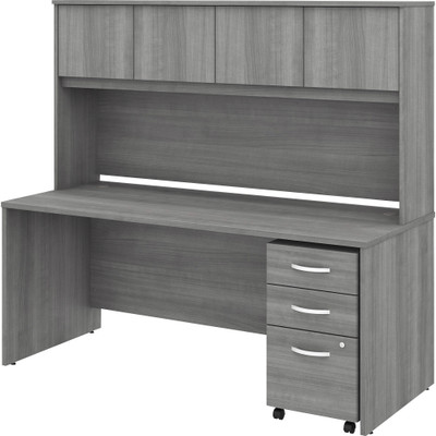 Bush Business Furniture Studio C 72W x 30D Office Desk with Hutch and Mobile File Cabinet - x 72" Width x 30" Depth Desk, x 72" Width Hutch - 3 x File, Box Drawer(s) - 4 Door(s) - Band Edge - Finish: Platinum Gray, Thermofused Laminate (TFL) - 1 Each