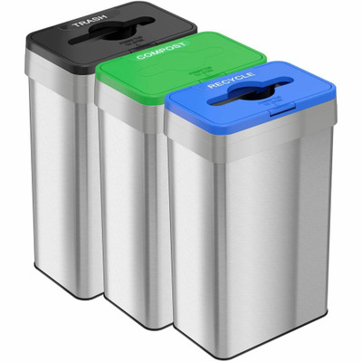 HLS Commercial 21-Gallon Trash/Recycle/Compost Can Set - Push Button Opening - 21 gal Capacity - Rectangular - Fingerprint Proof, Smudge Resistant, Easy to Clean - 34" Height x 10.3" Width x 16" Depth - Stainless Steel - Silver - 1 Each