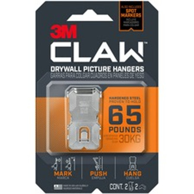 3M CLAW Drywall Picture Hanger - 65 lb (29.48 kg) Capacity - 1.2" Width x 2" Length - for Pictures, Project, Mirror, Frame, Home, Decoration - Steel - Gray - 2 / Pack