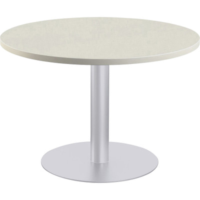 Special-T Sienna Cafe Table - Brown Round Top - Powder Coated, Metallic Silver Base - 1.25" Table Top Thickness x 36" Table Top Diameter - Assembly Required - High Pressure Laminate (HPL), Particleboard Top Material - 1 Each