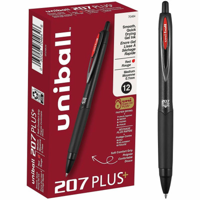 uniball&#8482; 207 Plus+ Gel Pen - 0.7 mm Medium Pen Point - Retractable - Red Ink - Gel-based, Nanofiber Ink - Black Metal Barrel - 1 Dozen
