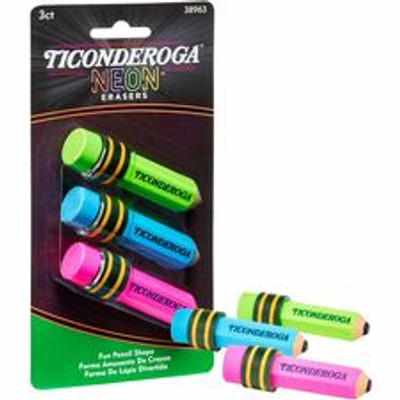 Ticonderoga Pencil-Shaped Erasers - Neon Assorted - Assorted Barrel - Pencil - 3 / Pack - Latex-free, Non-toxic, Smudge-free