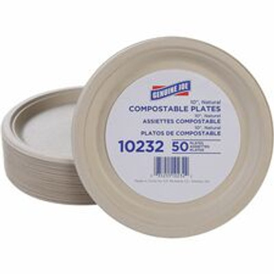 Genuine Joe 10" Compostable Plates - Breakroom, Office - Disposable - 10" Diameter - White, Natural - Sugarcane Body - 50 / Pack