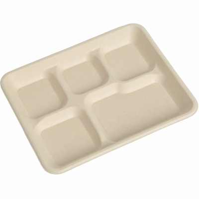 BluTable 8"x10" 5-Compartment Lunch Trays - Food - Natural - Molded Fiber, Sugarcane Fiber Body - 500 / Carton