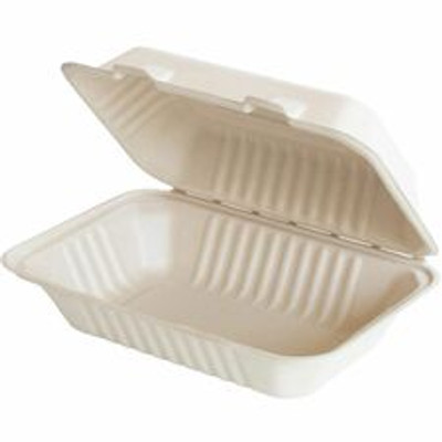 BluTable 27 oz Portable Clamshell Containers - Food - Natural - Molded Fiber, Sugarcane Fiber Body - 250 / Carton