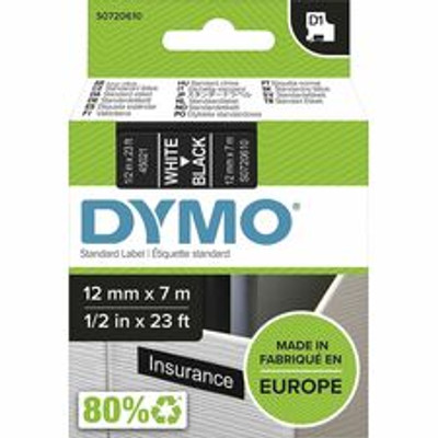 Dymo S0720610 D1 45021 Tape 12mm x 7m White on Black - x 15/32" Width x 22 31/32 ft Length - Tape - White on Black - Easy Peel, Durable - 1 Each