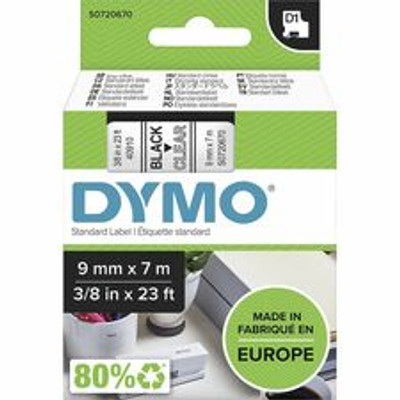 Dymo S0720670 D1 40910 Tape 9mm x 7m Black on Clear - x 23/64" Width x 22 31/32 ft Length - Tape - Black on Clear - Easy Peel, Durable - 1 Each