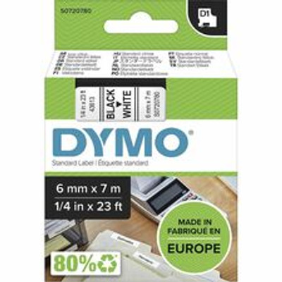 Dymo S0720780 D1 43613 Tape 6mm x 7m Black on White - x 15/64" Width x 22 31/32 ft Length - Tape - Black on White - Easy Peel, Durable - 1 Each