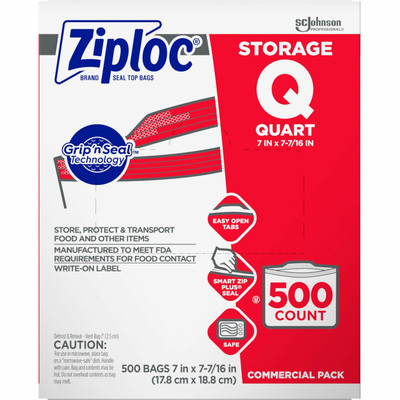 Ziploc&reg; Quart Storage Bags - Medium Size - 1 quart Capacity - 7" Width x 1.75 mil (44 Micron) Thickness - Zipper Closure - Textured - Clear - Plastic - Multipurpose - 500 / Carton