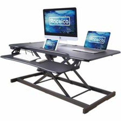 Rocelco Electric Desk Riser - 40 lb Load Capacity - 46" Width - Desk - Black - For Tablet, Smartphone - Lift Mechanism, Electric Lift, Grommet, Keyboard Tray, Built-in USB Port, Electrical Outlet