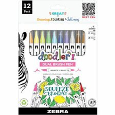 Zebra Pen Doodler'z Dual Brush Pen - Bullet, Brush Pen Point - Assorted Ink - Water Based - 12 / Pack