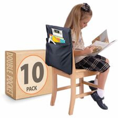 Seat Sack Classroom Pack 2-Pocket - 2 Pocket(s) - 2 Compartment(s) - 15" Width x 2" Depth - Chair - Desk Space, Durable, Laminated, Expandable, Washable - Black - Poly Cotton - 10/Pack - 1 / Carton