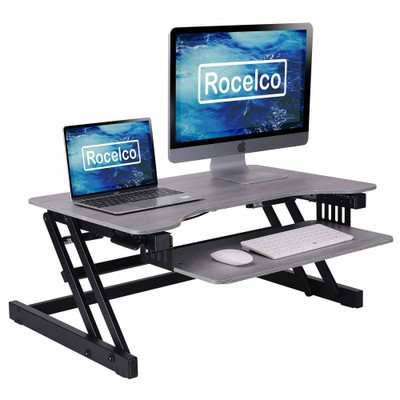 Rocelco Standing Desk Converter - 30 lb Load Capacity - 16.75" Height x 32" Width x 23.60" Depth - Desk - Gray Wood Grain - For Monitor, Keyboard, Notebook - Scratch Resistant Pad, Sturdy, Handle, Ergonomic, Retractable, Keyboard Tray