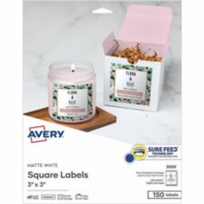 Avery Matte White 3"x3" Square Labels - 3" Height x 3" Width - Permanent Adhesive - Square - Laser, Inkjet - White Matte - Paper - Adhesive, Jam Resistant, Easy Peel, Pop Up Edge, Smudge-free, Print-to-the Edge - 6 / Sheet - 150 / Pack