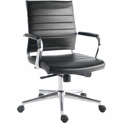 Lorell Tempo Modern Mid-Back Manager Chair - Chrome Frame Material - Mid Back - Black - Leather, Chrome - Armrest - 1 Each