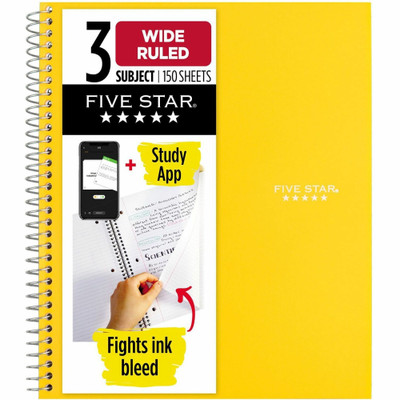 Five Star Three-subject Notebook - 150 Sheets - Wire Bound - 8" x 10 1/2" Sheet Size - Assorted Plastic Cover - Pocket Divider, Subject, Perforated - 1 Each