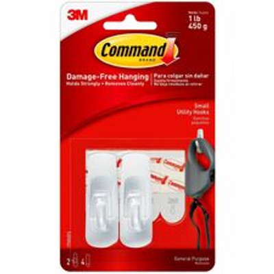 Command Utility Hooks - 2 Small Hook - 1 lb (453.6 g) Capacity - Plastic - White - 2 / Pack