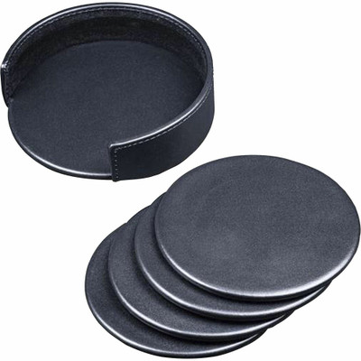 Dacasso Coaster with Holder - 4 Coaster of 4" Diameter - Circle - Black - Leather - 1Each