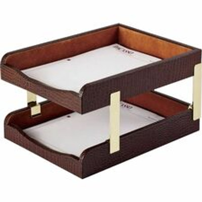 Dacasso Double Front Load Trays - 2" Height x 10.50" Width x 13.75" Length - Desktop - Brown - Leather - 1 Each